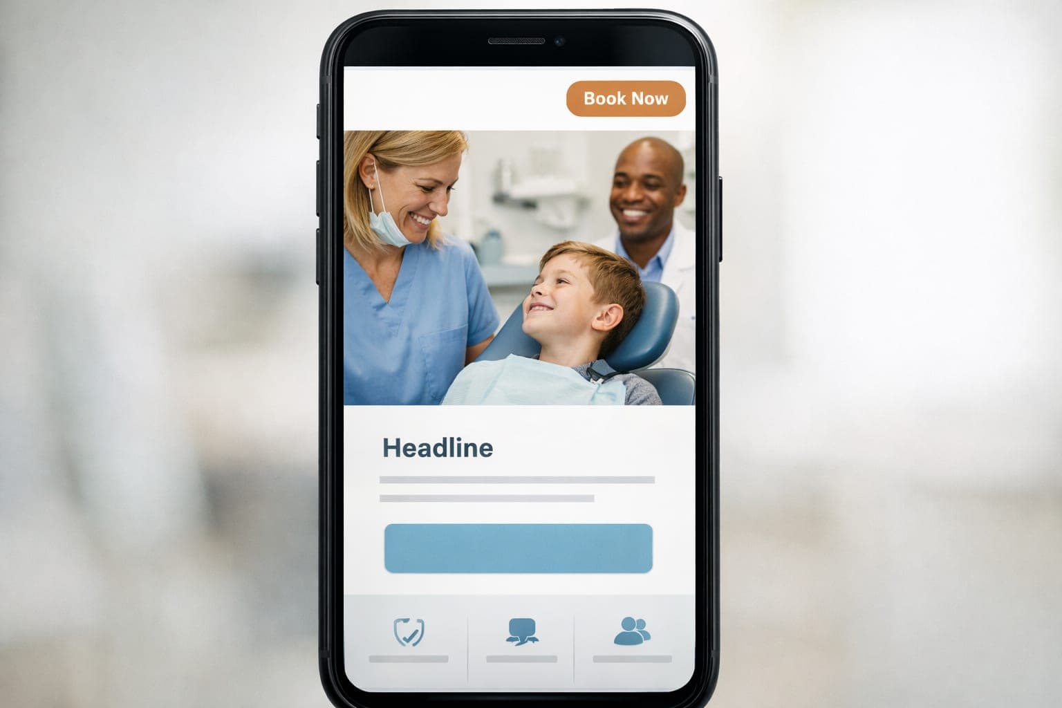 A modern dental clinic homepage on a laptop and smartphone showing a high contrast dental website booking button.