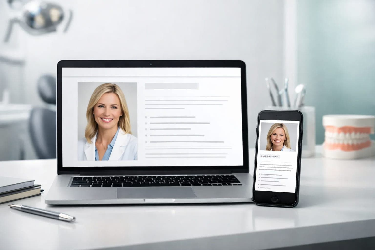 Modern dental clinic website on a laptop and smartphone featuring a professional dentist bio page with a friendly headshot.