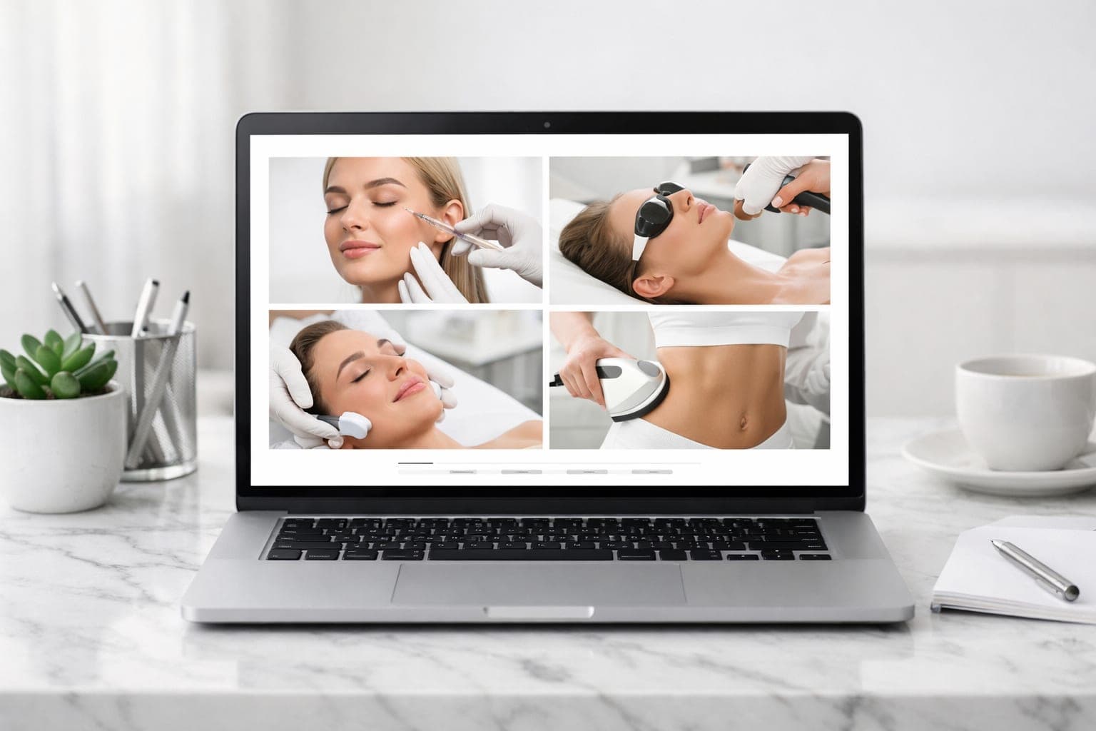 Modern laptop on a white marble desk displaying a minimalist med spa before and after website gallery.